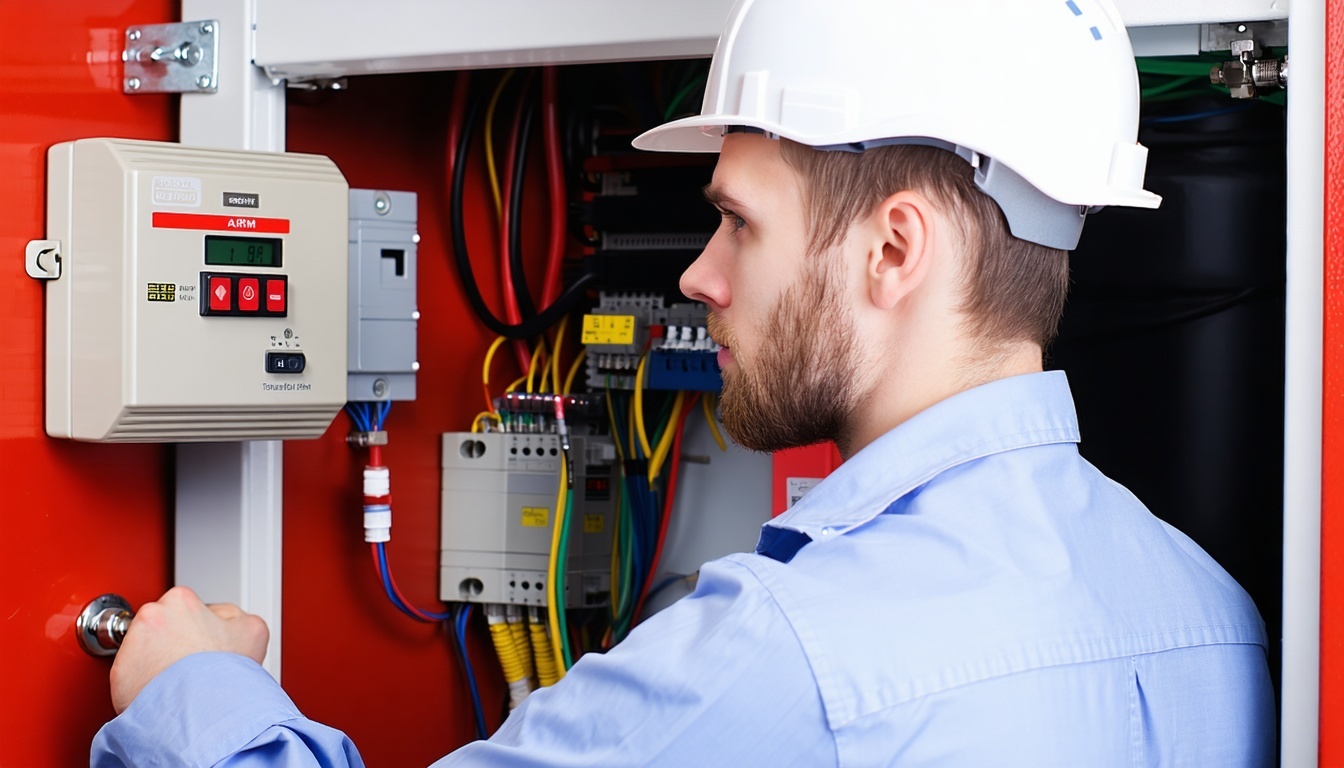 A professional inspecting a fire alarm system